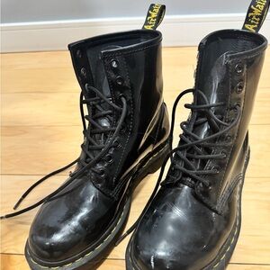 Dr. Martens Shiny Black Boots with Yellow Accents